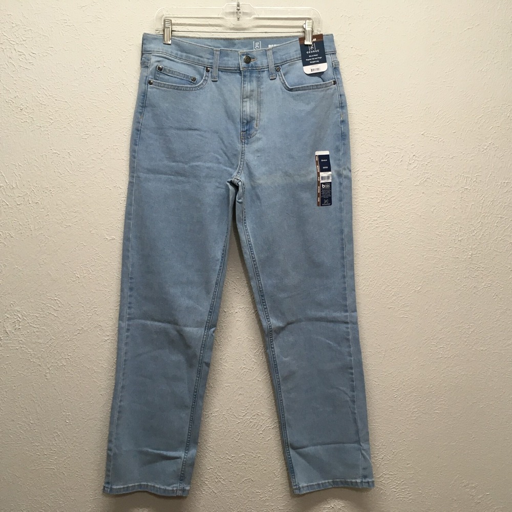 George Jeans Mens 30x30 Blue Denim Regular‎ Fit Straight Leg Stretch Light Wash